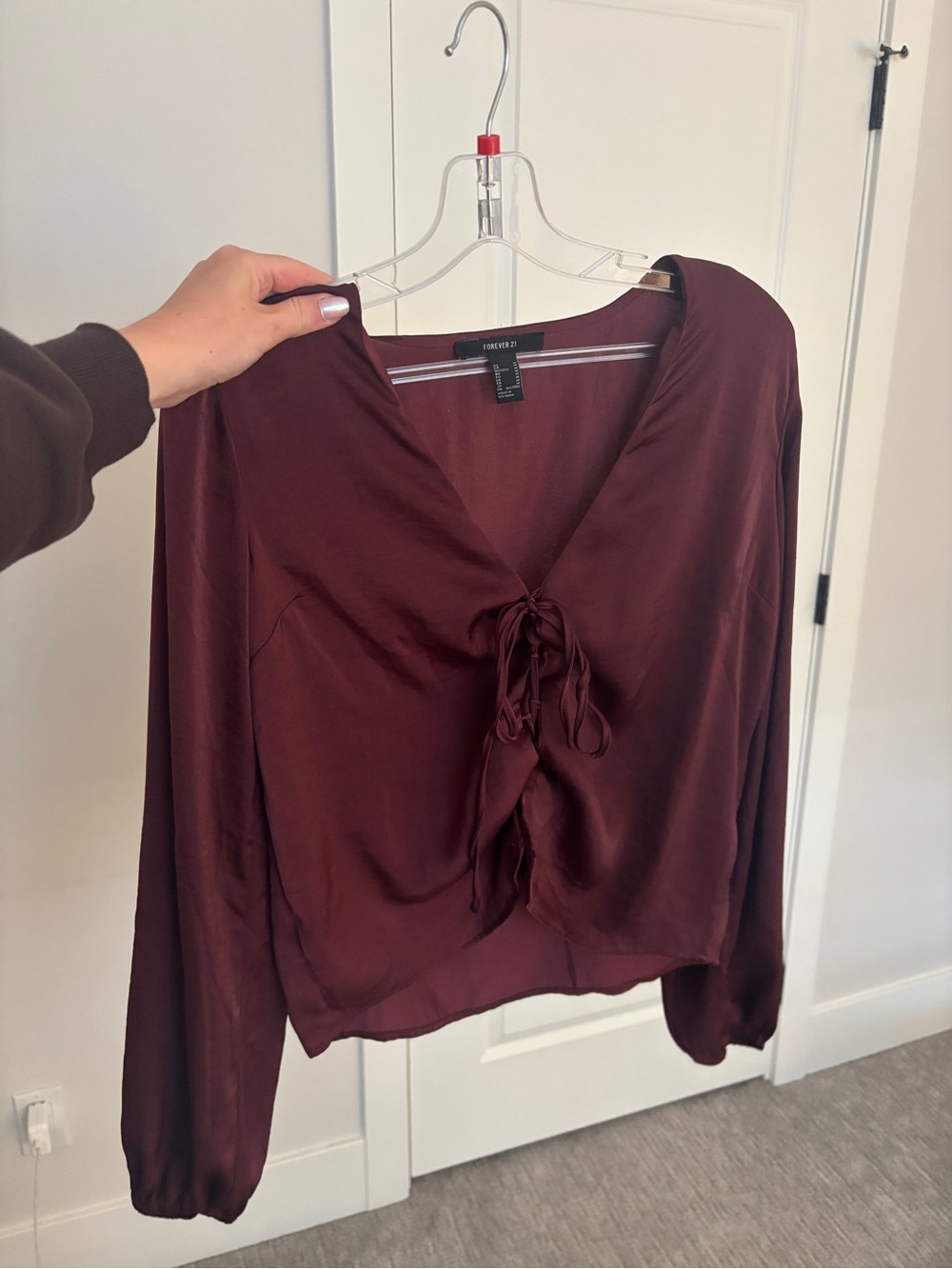 Forever 21 Burgundy Tie-Front Satin Blouse